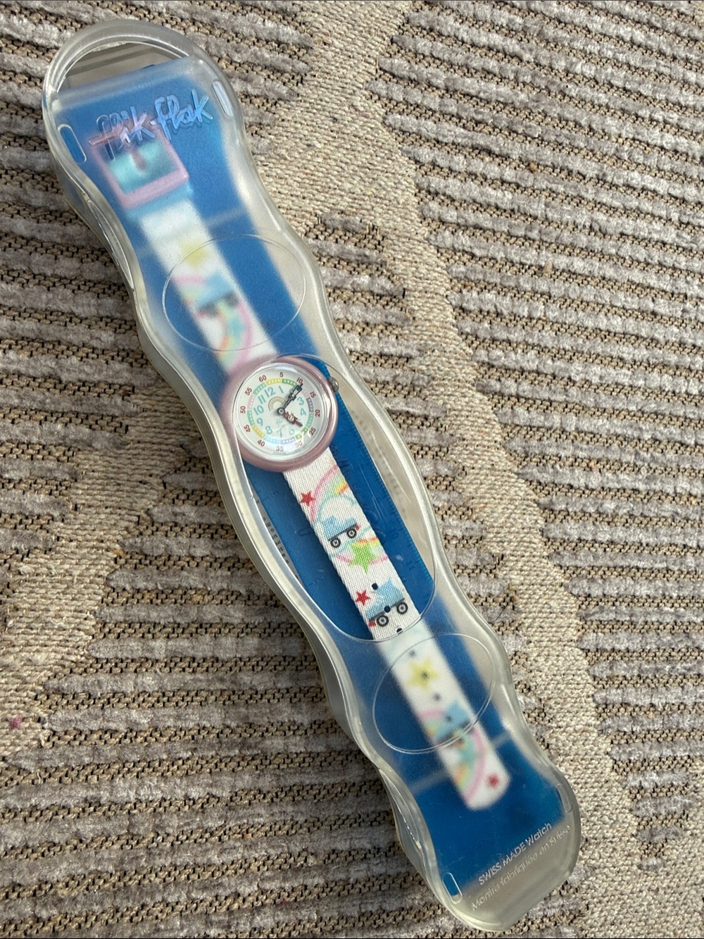 Swatch Kids Flik Flak Watch Pink White Blue Strap with Rainbow Skate Design